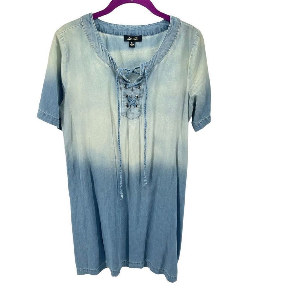 Dee Elle Womens Mini Denim Dress Front Lace Cotton Blend Size Small Ombre Blue